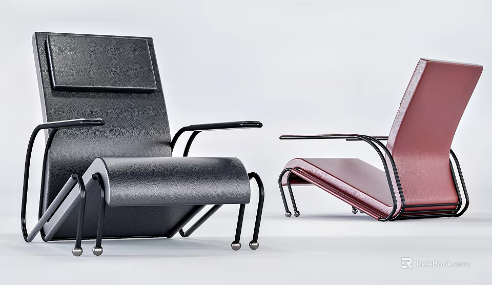 Modern Leisure Chairs With Black And Red Leather Upholstery And Metal Armrest Frames 3d model 