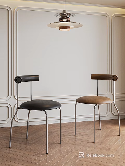 Minimalist Modern Single Chairs With Leather Seats And Metal Frames On Wooden Floor 3d model 