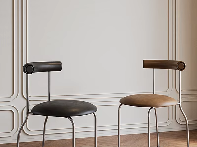 Minimalist Modern Single Chairs With Leather Seats And Metal Frames On Wooden Floor 3d model