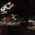 Modern Restaurant Interior Design With Spherical Pendant Lights Wooden Tables And Pink Seats