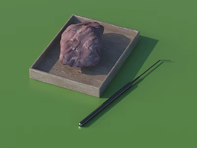 Rough Textured Natural Stone Placed On Rustic Wooden Tray For Home Decor 3d model