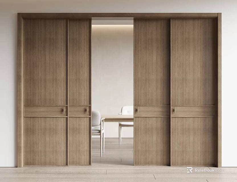 Modern Wooden Sliding Doors in Interior Design Open to Reveal Dining Table and Chairs 3d model 