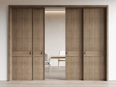 Modern Wooden Sliding Doors in Interior Design Open to Reveal Dining Table and Chairs 3d model