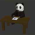 Low Poly Panda Character Sitting at Wooden Table with Paper