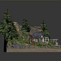 Scenic Landscape With Small House Pine Trees White Fence And Garden Path