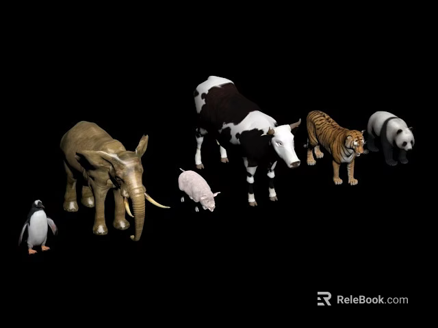 Collection of Various Animal Figurines Including Elephant Cow Tiger Panda Pig and Penguin 3d model 