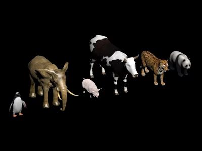 Collection of Various Animal Figurines Including Elephant Cow Tiger Panda Pig and Penguin 3d model