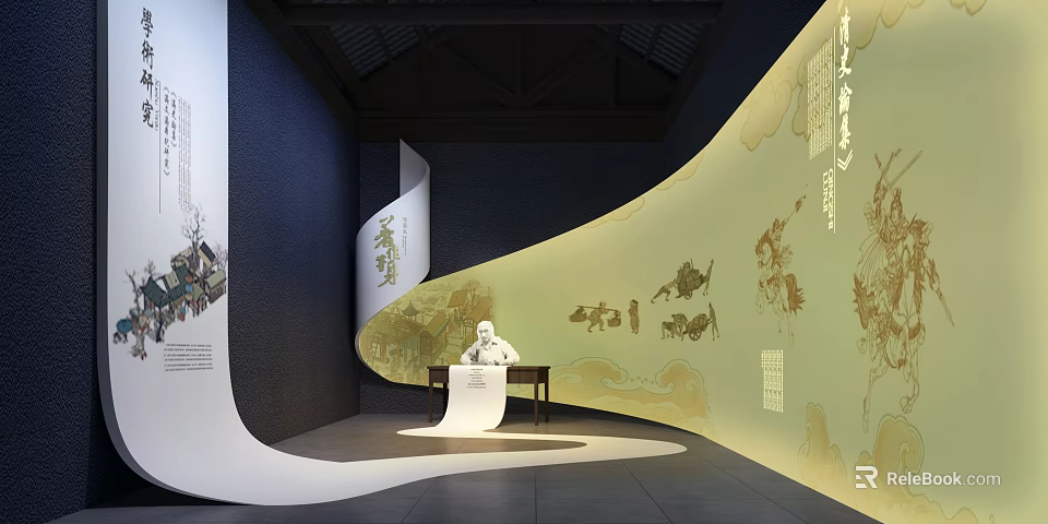 Traditional Indoor Cultural Exhibition Space With Scroll Wall Figure Statue And Patterns 3d model 