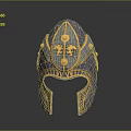 Ornate Blue And Golden Decorative Helmet With Wing Patterns And Circular Ornaments