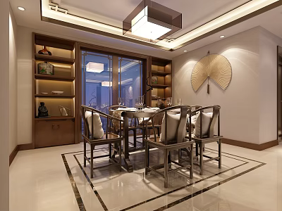 Elegant Restaurant Interior With Wooden Dining Table Chairs Hanging Lamp And Fan Shaped Decor 3d model