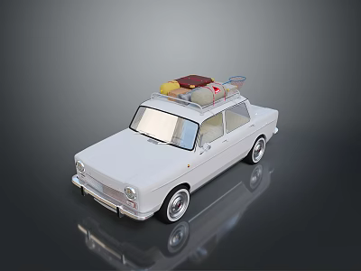White Classic Car With Luggage On Roof And Reflective Surface 3d model