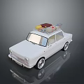 White Classic Car With Luggage On Roof And Reflective Surface