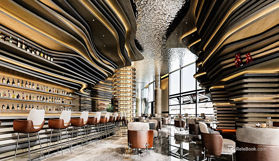 Modern Bar Interior With Creative Ceiling Bar Stools And Seating Area 3d model 