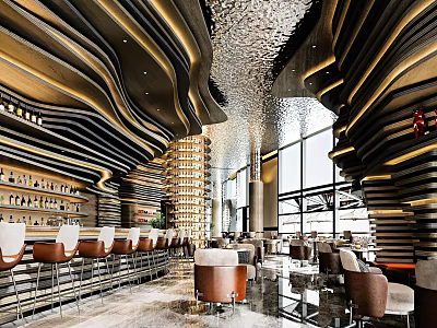 Modern Bar Interior With Creative Ceiling Bar Stools And Seating Area 3d model