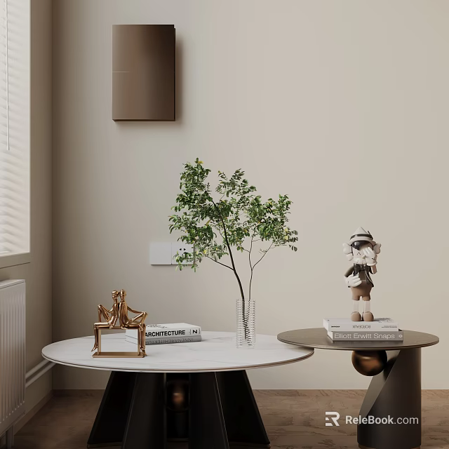 Modern Round Coffee Table Set With White Marble Top Green Plant Books And Decor 3d model 