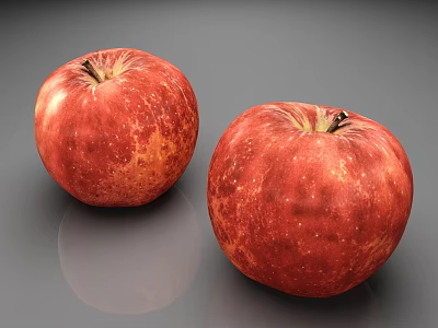 Two Ripe Red Apples with Shiny Speckled Skin on Grey Reflective Surface 3d model