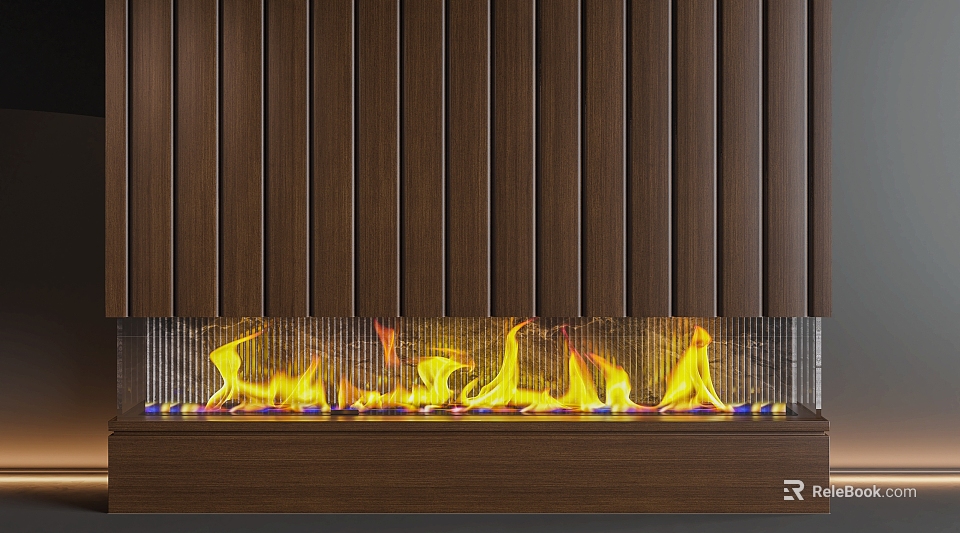 Modern Fireplace Interior With Wooden Slat Design And Bright Burning Flames 3d model 
