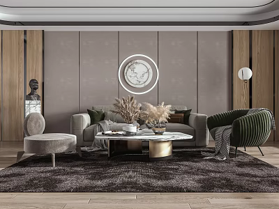 Elegant Modern Sofa Coffee Table Set With Gray Upholstery Green Armchair Circular Decor and Rug 3d model