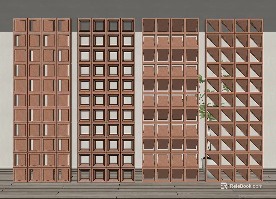 Wooden Room Dividers With Various Grid Patterns And Decorative Plant Accent 3d model 