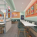 Bright Restaurant Interior With Light Green Walls Curved Ceiling Tables And Order Counter