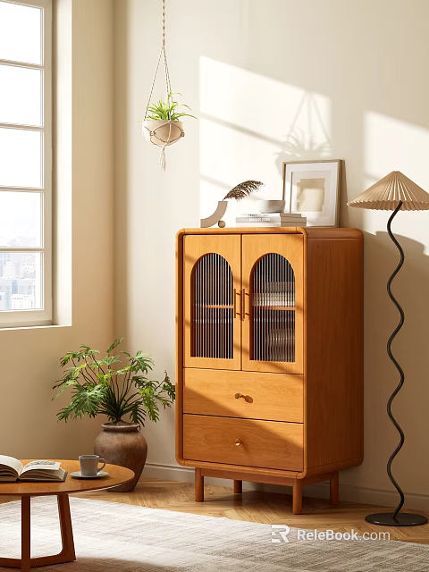 Wooden Entryway Side Cabinet with Arched Mesh Doors Drawer Potted Plant Floor Lamp and Framed Art 3d model 