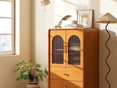 Wooden Entryway Side Cabinet with Arched Mesh Doors Drawer Potted Plant Floor Lamp and Framed Art 3d model