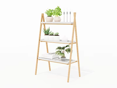 Three Tiered Wooden Ladder Shelf For Indoor Garden Decor With Green Plants And Books 3d model