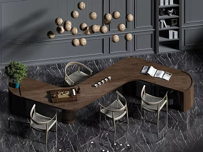 Modern Wooden Tea Table And Chairs With Potted Plant Decorative Balls Open Books 3d model