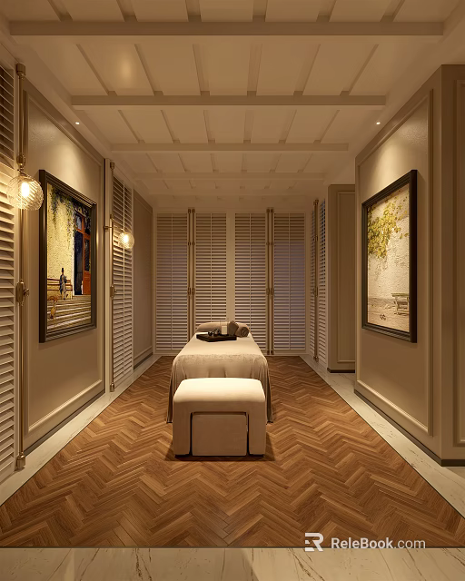 Elegant SPA Room With Massage Table Stool Paintings On Walls Herringbone Floor And Ceiling Lights 3d model 