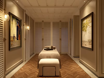 Elegant SPA Room With Massage Table Stool Paintings On Walls Herringbone Floor And Ceiling Lights 3d model