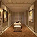 Elegant SPA Room With Massage Table Stool Paintings On Walls Herringbone Floor And Ceiling Lights