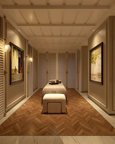 Elegant SPA Room With Massage Table Stool Paintings On Walls Herringbone Floor And Ceiling Lights 3d model