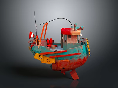 Turquoise Red Model Boat With Orange Structures Yellow Number 5 And Red Cabin 3d model