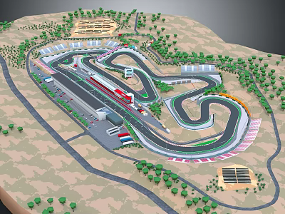 Modern Race Track Venue With Winding Circuit Surrounding Trees And Facilities 3d model