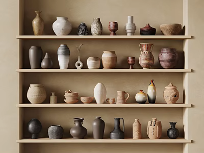 Ceramic Vessels Displayed on Wooden Shelves in Earth Tones for Home Decor 3d model