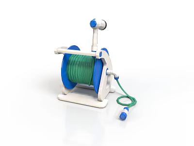 White And Blue Garden Hose Reel With Green Water Hose And Portable Stand 3d model