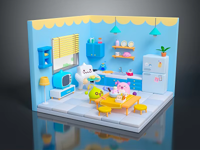 Cute Cartoon Themed Indoor Scene With Blue Walls Yellow Decor And Stuffed Toys 3d model