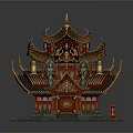 Cartoon Style Traditional Chinese Temple With Red Gold Decorations Stone Lions And Multi Layered Roofs