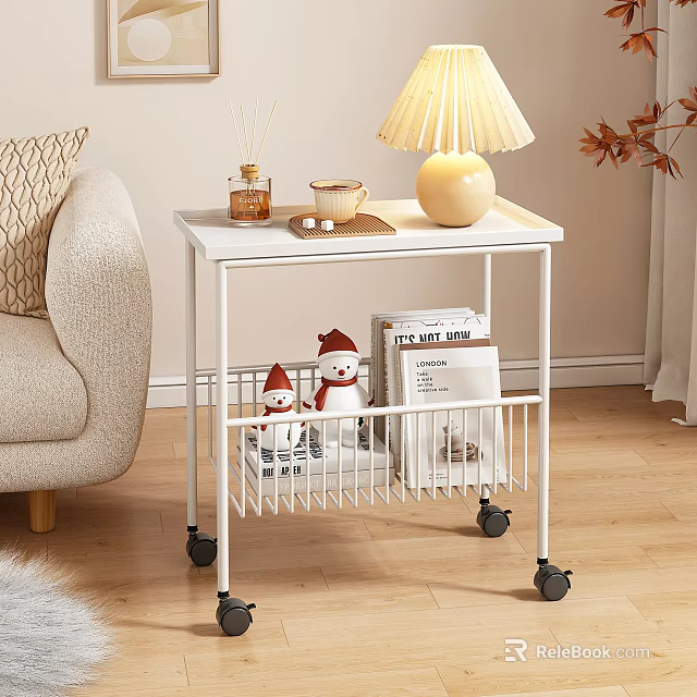Modern White Side Table with Wheels Metal Mesh Shelf and Stylish Decorative Items 3d model 