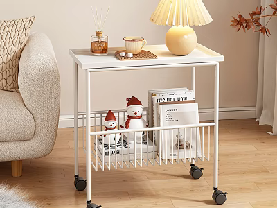 Modern White Side Table with Wheels Metal Mesh Shelf and Stylish Decorative Items 3d model