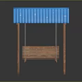 Wooden Swing With Blue Roof And Sturdy Wooden Frame For Outdoor Relaxation