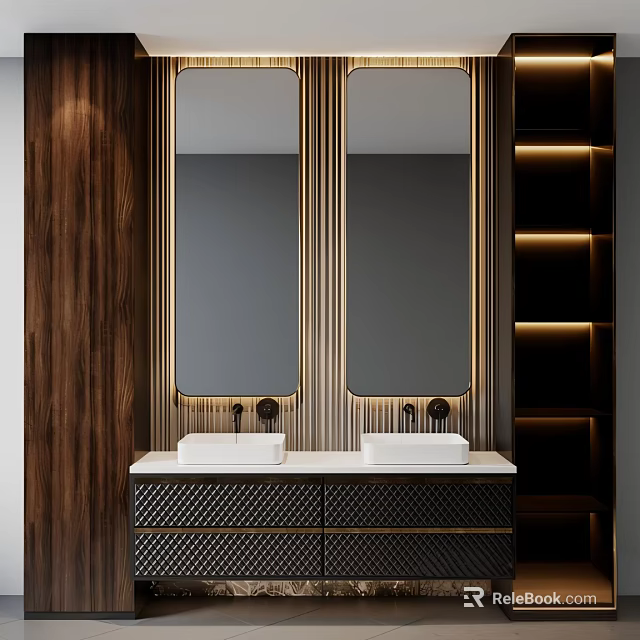 Modern Double Sink Bathroom Vanity with Two Mirrors Wooden Wall and Textured Cabinets 3d model 