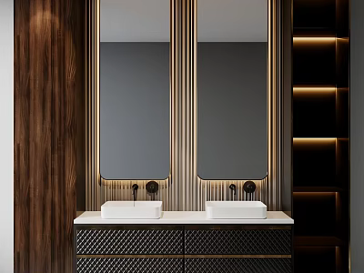 Modern Double Sink Bathroom Vanity with Two Mirrors Wooden Wall and Textured Cabinets 3d model