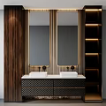 Modern Double Sink Bathroom Vanity with Two Mirrors Wooden Wall and Textured Cabinets
