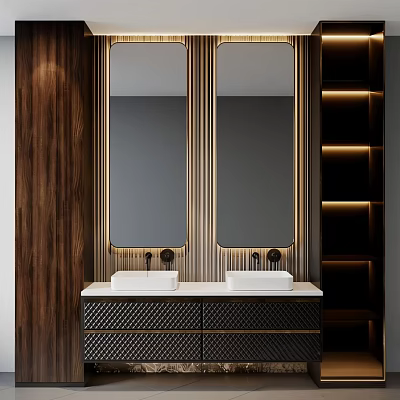Modern Double Sink Bathroom Vanity with Two Mirrors Wooden Wall and Textured Cabinets 3d model
