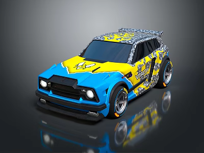 Stylish Blue And Yellow Custom Sporty Car With Unique Graffiti Design 3d model