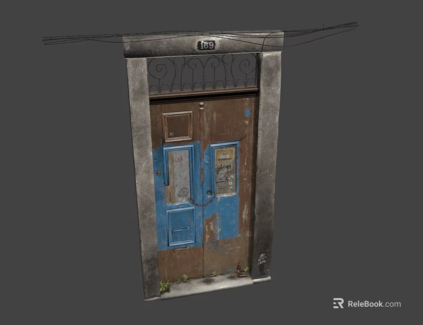 Old Weathered Wooden Door With Blue Brown Panels Metal Grille Signs Steps And Plants 3d model 