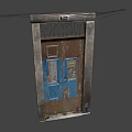 Old Weathered Wooden Door With Blue Brown Panels Metal Grille Signs Steps And Plants