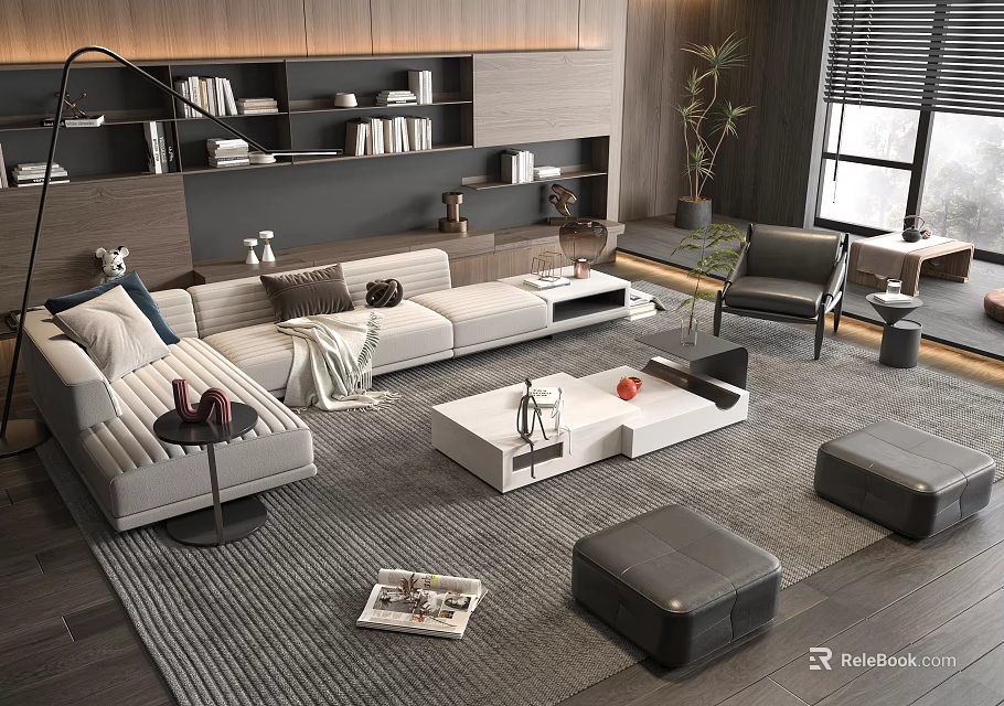 Modern Beige Sectional Sofa And White Coffee Table Set With Gray Rug And Black Ottomans 3d model 