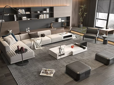 Modern Beige Sectional Sofa And White Coffee Table Set With Gray Rug And Black Ottomans 3d model
